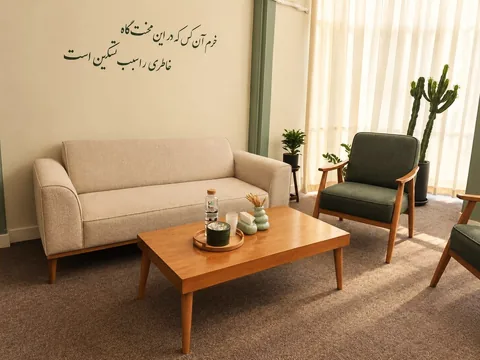 فضای نشیمن مجموعهٔ آن در مشهد با کاناپهٔ کرم، مبل سبز و بیت خوشنویسی روی دیوار